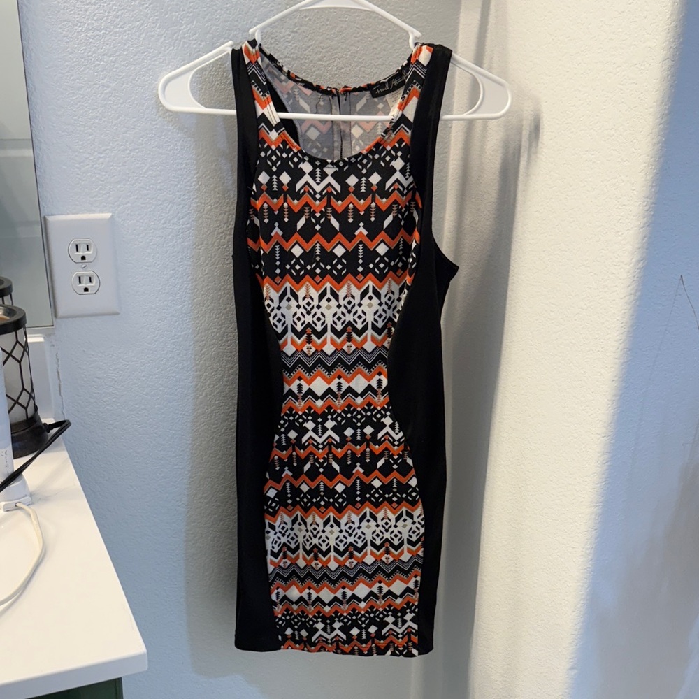 French Atmosphere One Shoulder Dress - Black and Orange Zigzag